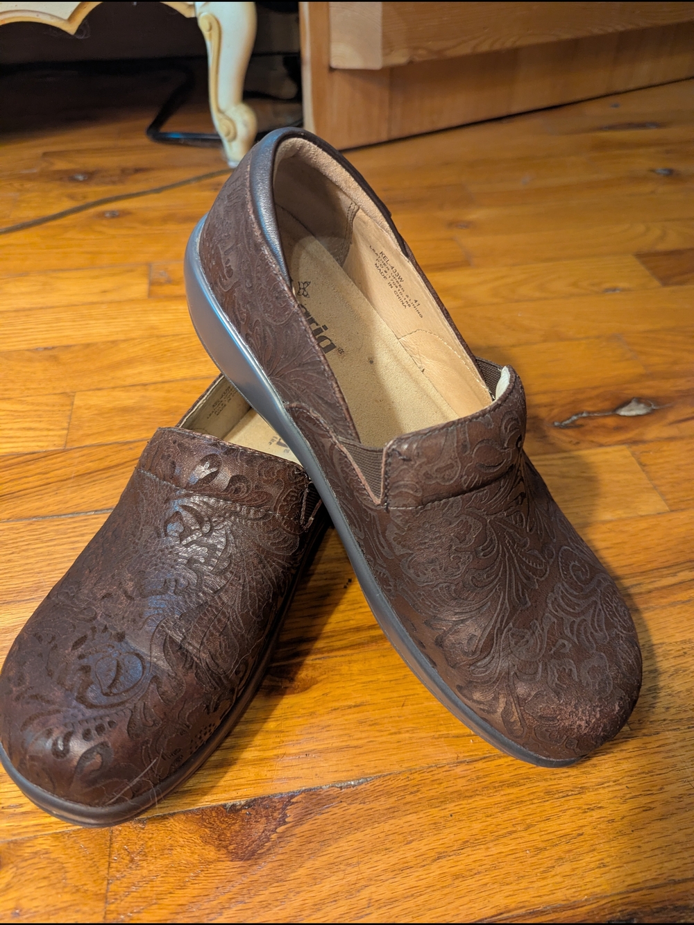 Alegria Brown Embossed Leather Slip-On Clog